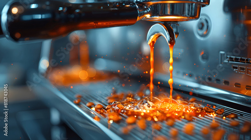 Close-Up of Espresso Pouring from Coffee Mach,
A cup of coffee in a coffee machine preparing coffee photo
