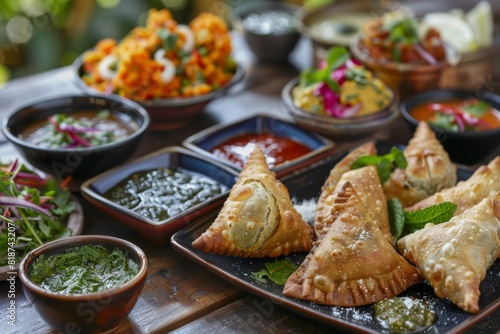 Several plates of food are sitting on a table with dipping sauces. indian food 