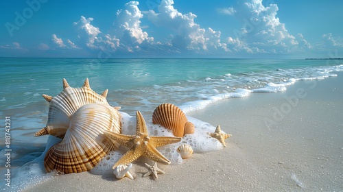 Seashells, starfish, and more, creating a stunning beachside display on the sandy shore.