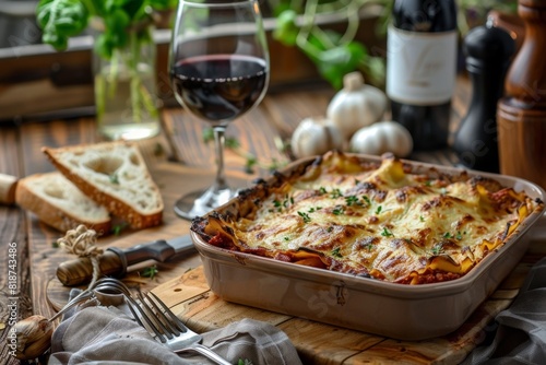 Dish of lasagna with cheese and bread on a table, italian food  photo