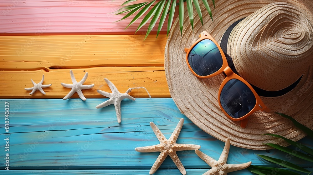 Obraz premium Colorful Summer Sale background Sea accessories on a bright, festive wooden floor.