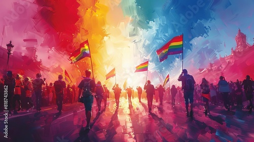 A crowd of people are walking down a street, carrying rainbow flags photo