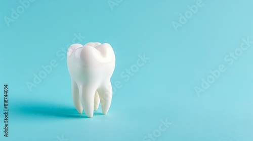 White tooth model standing upright on a light blue background. Ideal for dental care  health  and medical-themed concepts.