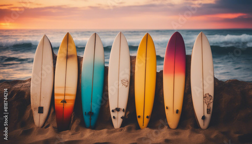 A set of surfboards resting against the vibrant sunset over the ocean
