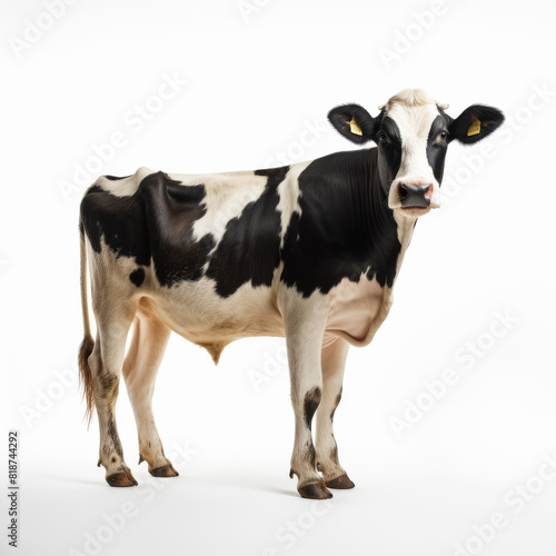 A cow is standing in front of a white background. The cow is black and white and has a yellow tag on its ear