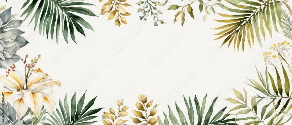 Naklejka premium tropical leaves and flowers in a soft watercolor style background