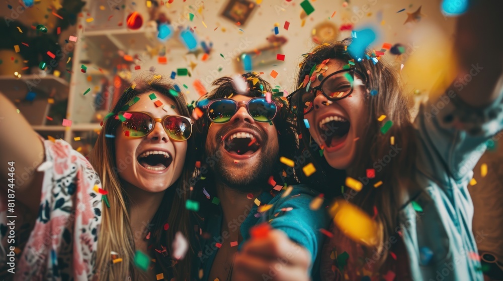 Obraz premium Friends Celebrating Joyously with Confetti and Vibrant Expressions
