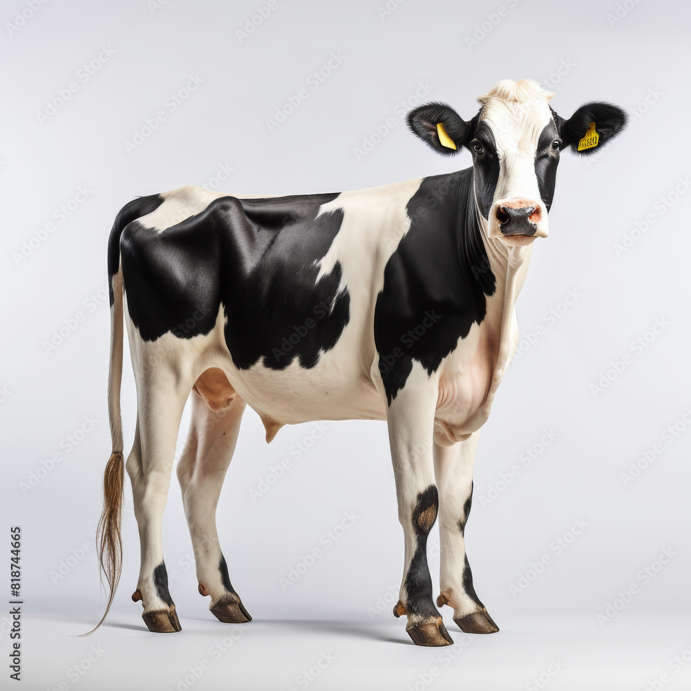 A black and white cow stands in front of a white background. The cow is standing tall and proud, with its head held high