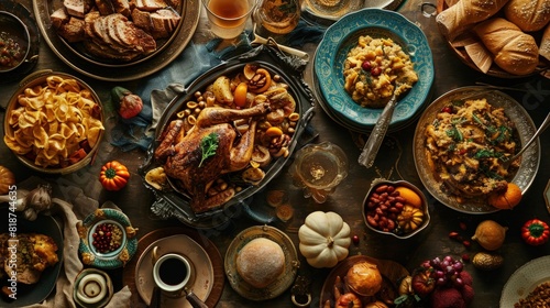 Bountiful Thanksgiving Feast with Assorted Dishes and Ingredients