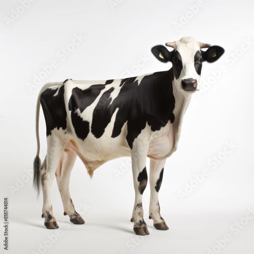A cow with a tag on its ear stands in front of a white background. The cow is black and white  and it is looking straight ahead
