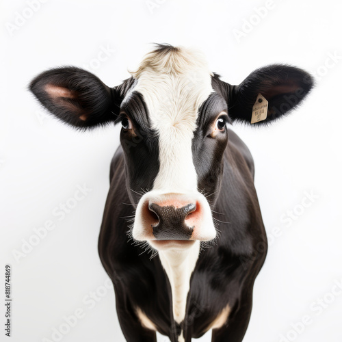 A cow with a tag on its ear is staring at the camera. The cow's eyes are wide open, and it is curious or alert. The black and white color scheme of the image creates a sense of timelessness