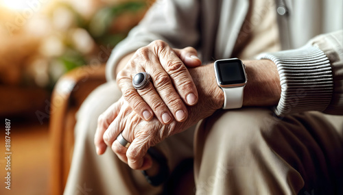 Hands of elderly person wearing smartwatch. Wearable device displaying health metrics, monitoring the wellbeing of elderly users.