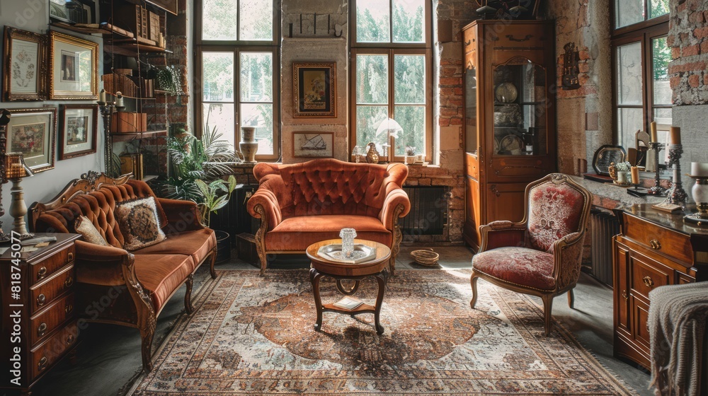 Fototapeta premium Vintage Aesthetic: An elegantly styled vintage living room with antique furniture and classic decor. The warm, nostalgic atmosphere captures the charm and elegance of a bygone era.