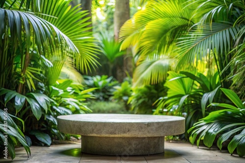 Empty stone podium in tropical garden background can be used for mocking up or display product to make advertising 