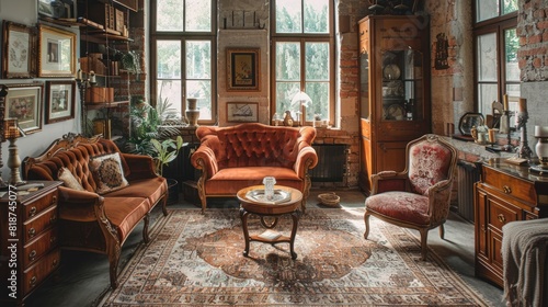 Vintage Aesthetic  An elegantly styled vintage living room with antique furniture and classic decor. The warm  nostalgic atmosphere captures the charm and elegance of a bygone era.