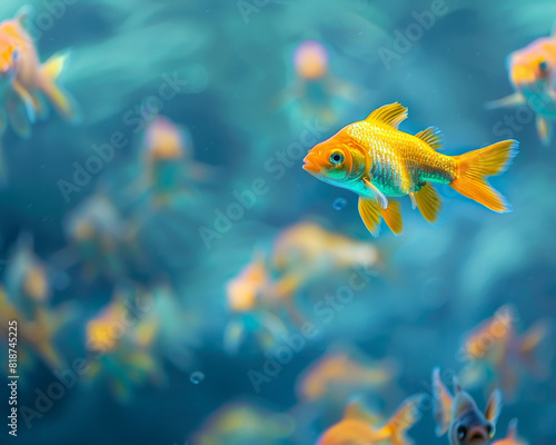 A single orange fish swims in a school of fish. The fish are all different sizes and colors, but the orange fish stands out as the focal point. The scene is peaceful and serene