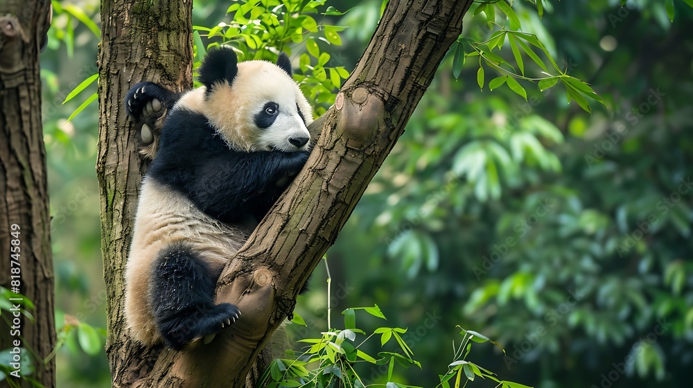 Fototapeta premium A baby giant panda siting on the tree