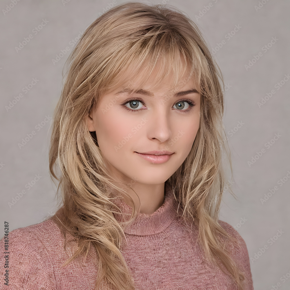 Naklejka premium Portrait of a beautiful young blonde woman in a pink sweater.