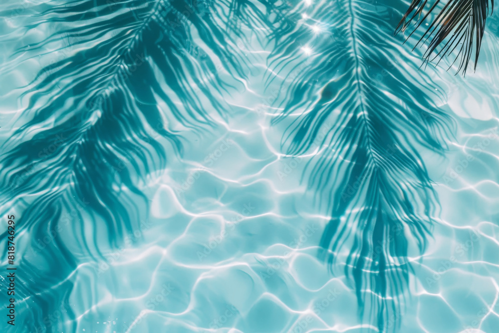 A body of water with palm trees in the background. The water is blue and has a calm, serene quality to it. The palm trees are casting shadows on the water, creating a sense of depth and movement A body of water with palm trees in the background. The water is blue and has a calm, serene quality to it. The palm trees are casting shadows on the water, creating a sense of depth and movement