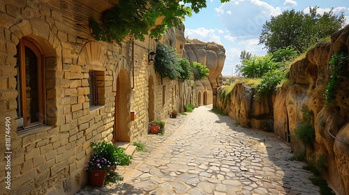 A street of cellars in the village of the cellars are carved in the loess wall photo