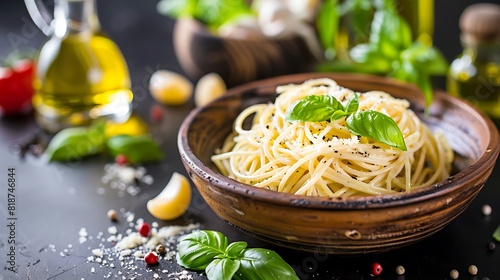 Basil pesto spaghetti pasta with fresh basil leaves olive oil