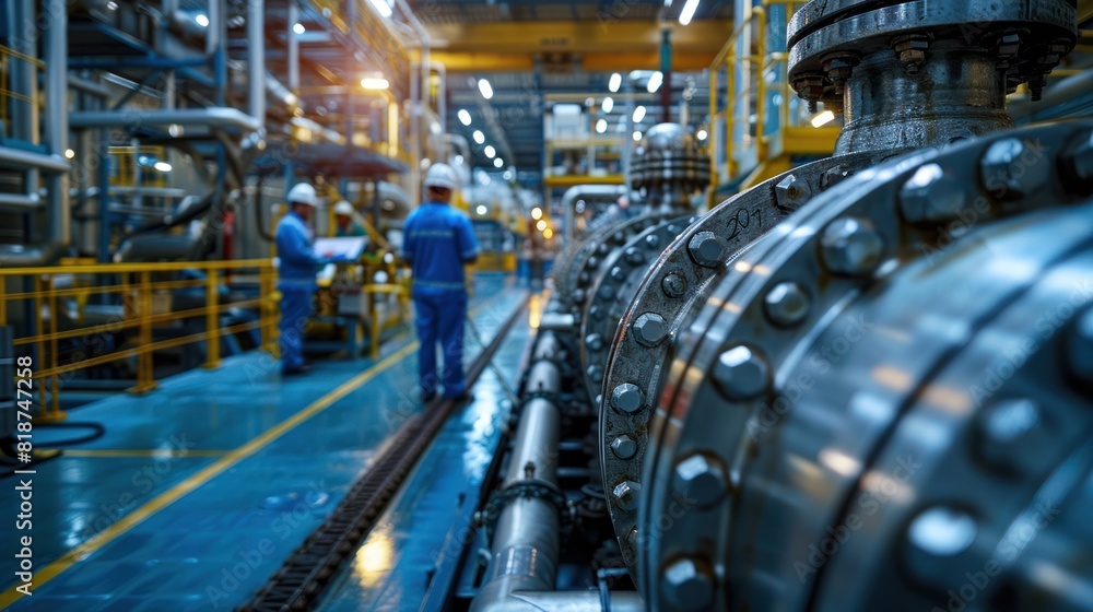 Engineers designing layouts, workers assembling components, and operations in a petrochemical plant, Engineers designing layouts, workers assembling components, and operations in a petrochemical plant,