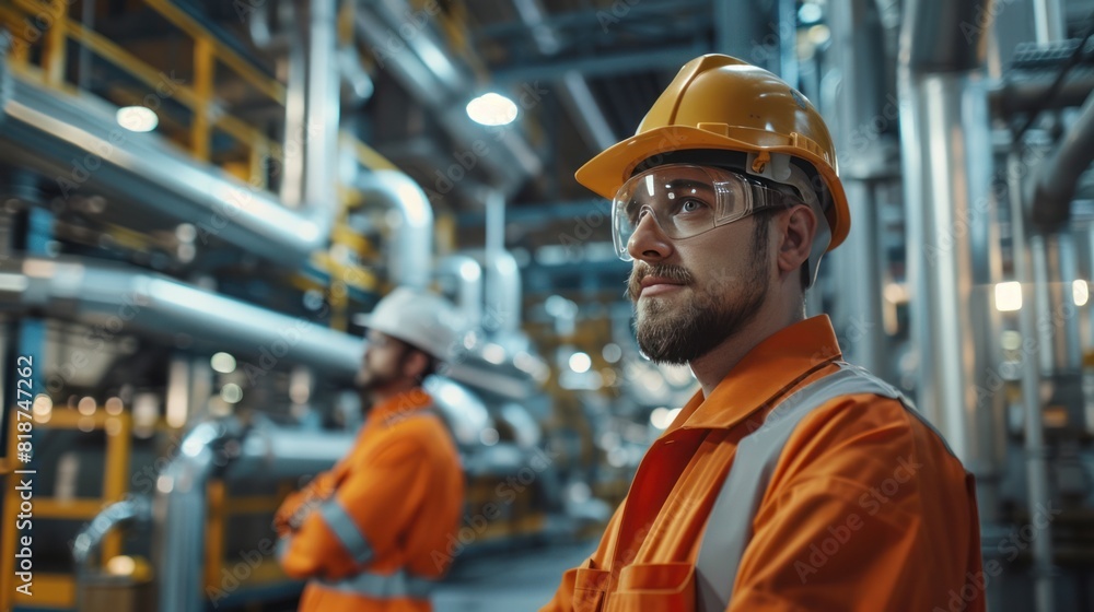 Engineers evaluating processes, technicians maintaining equipment, and daily activities in a petrochemical factory Engineers evaluating processes, technicians maintaining equipment, and daily activities in a petrochemical factory