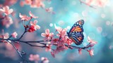 Branch of flowering cherry tree with butterfly on blue and pink spring light background
