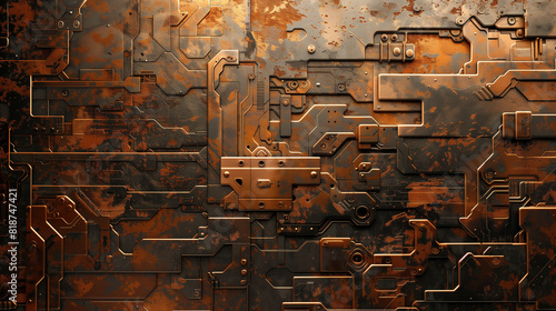 A black and orange background with a lot of metal and wires. The image has a futuristic and industrial feel to it
