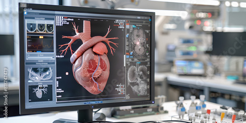 In intensive care unit room, physician examines heart of patient after he has had heart attack using Ct X Ray 3D scan Doctor in operating room and heart system graphic hologram technology.