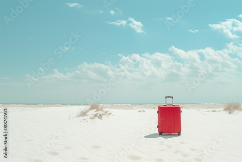 Minimalist and serene image of a lone red suitcase standing in the vast expanse of a white sandy desert under a clear blue sky  symbolizing solitude and adventure