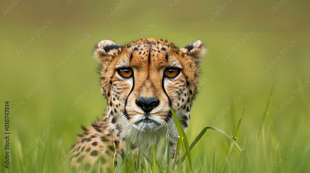 Cheetah portrait with a head on view green grass on the background