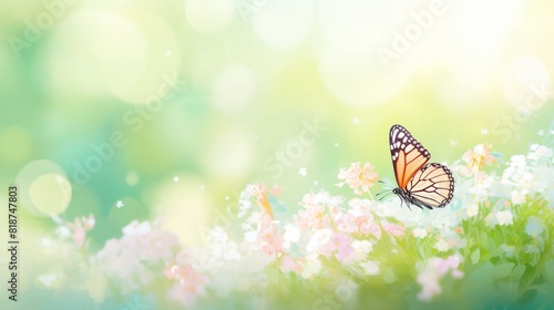 A tranquil scene with a butterfly on soft pink blossoms against a dreamy bokeh green background © Maftuh