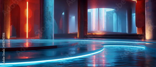 Futuristic neon-lit indoor water pool with pillars and reflections. Copy space. Generative AI 