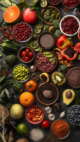 Assorted Organic Superfoods Selection on a Dark Background