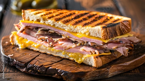 Classic grilled cuban sandwich with roast pork honey ham swiss cheese dill pickles and mustard