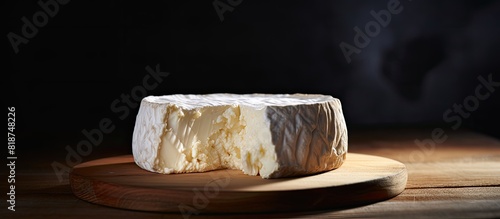 A close up image of Camembert cheese on a wooden board with plenty of copy space