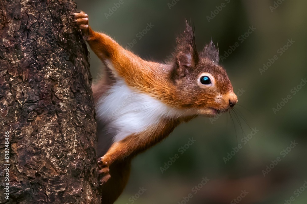Foraging squirrel gripping tree trunk to observe something Foraging squirrel gripping tree trunk to observe something