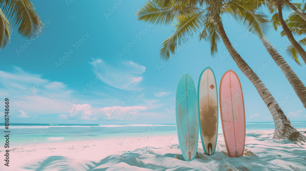 Three surfboards are laying on the sand next to a palm tree. The scene is set on a beach with a clear blue sky