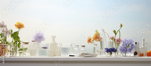 A white table adorned with cosmetic oil laboratory dishware and flowers providing ample space for adding text