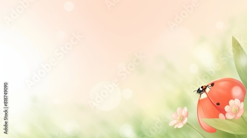 A ladybug on a leaf with flowers on a soft peach spring background with bokeh effect