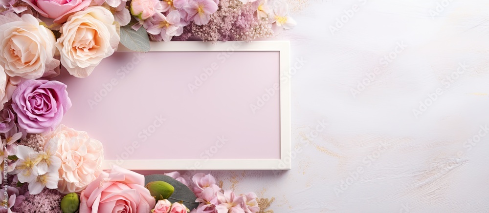 A top down view of an empty picture frame adorned with pastel colored artificial flowers providing copy space for a greeting card A top down view of an empty picture frame adorned with pastel colored artificial flowers providing copy space for a greeting card