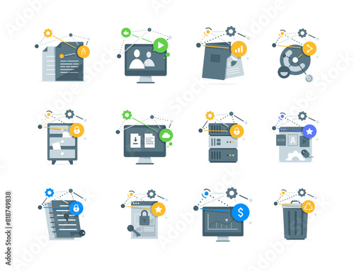 Set of images ralated to work,creative,writing,content,share,storage,cloud