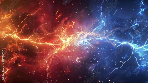 Red and blue lightning clash in the center of an abstract background