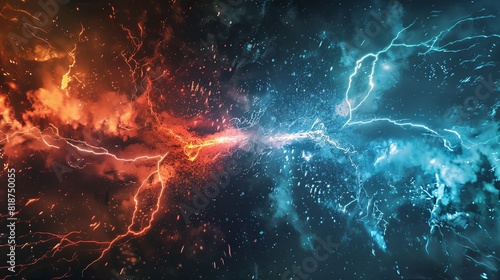 Red and blue lightning clash in the center of an abstract background photo