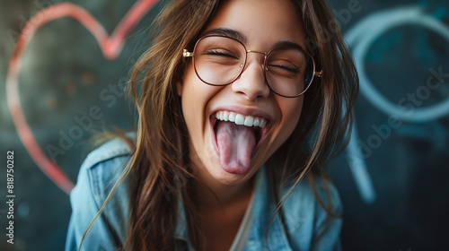 Playful young woman sticking out tongue in fun close-up portrait. Generative AI