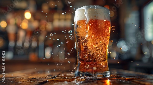 Glass of beer being poured detailed focus on foam and bubbles leisure theme vibrant bar backdrop photo