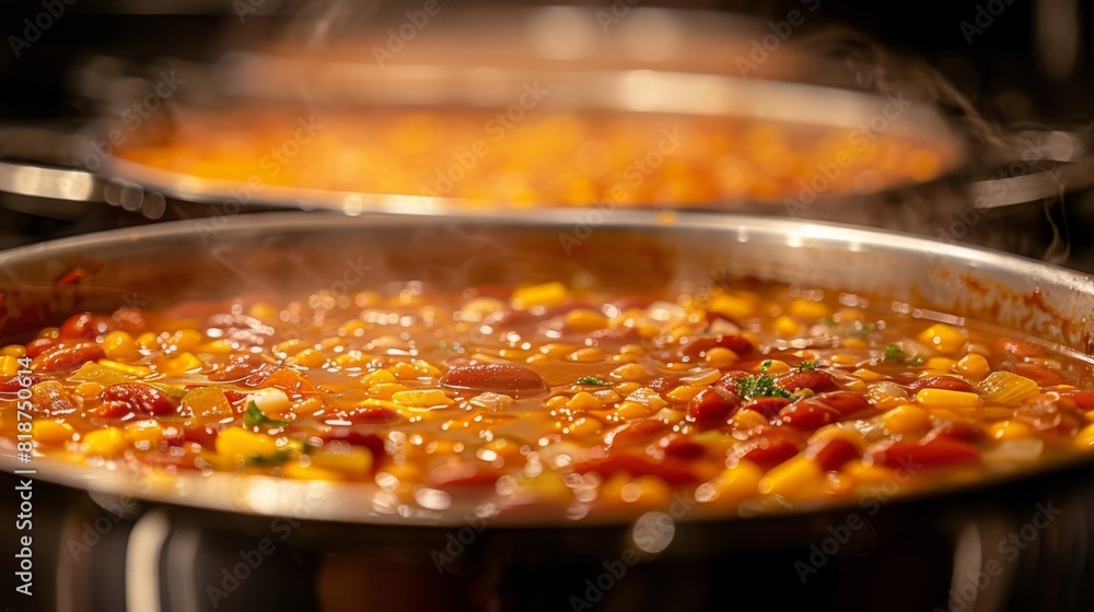 Upclose shot of a simmering pot of homemade beans and franks, with steam rising and a blurred background