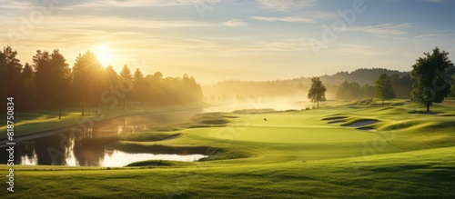 Sunrise over a golf course captured in a beautiful panoramic copy space image
