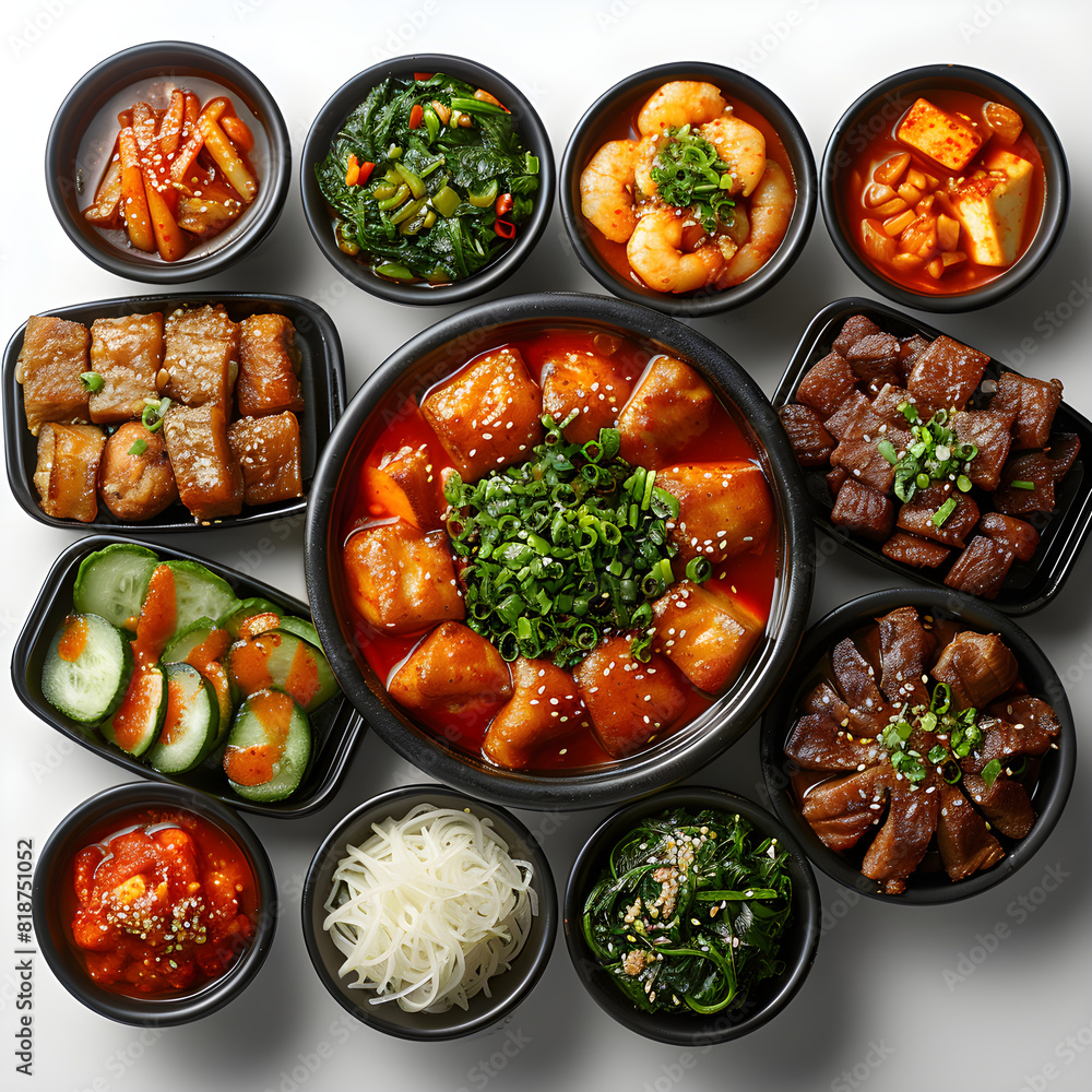 Top view of a diverse array of classic korean dishes, featuring kimchi, bulgogi, and tteokbokki, arranged neatly on a plain background